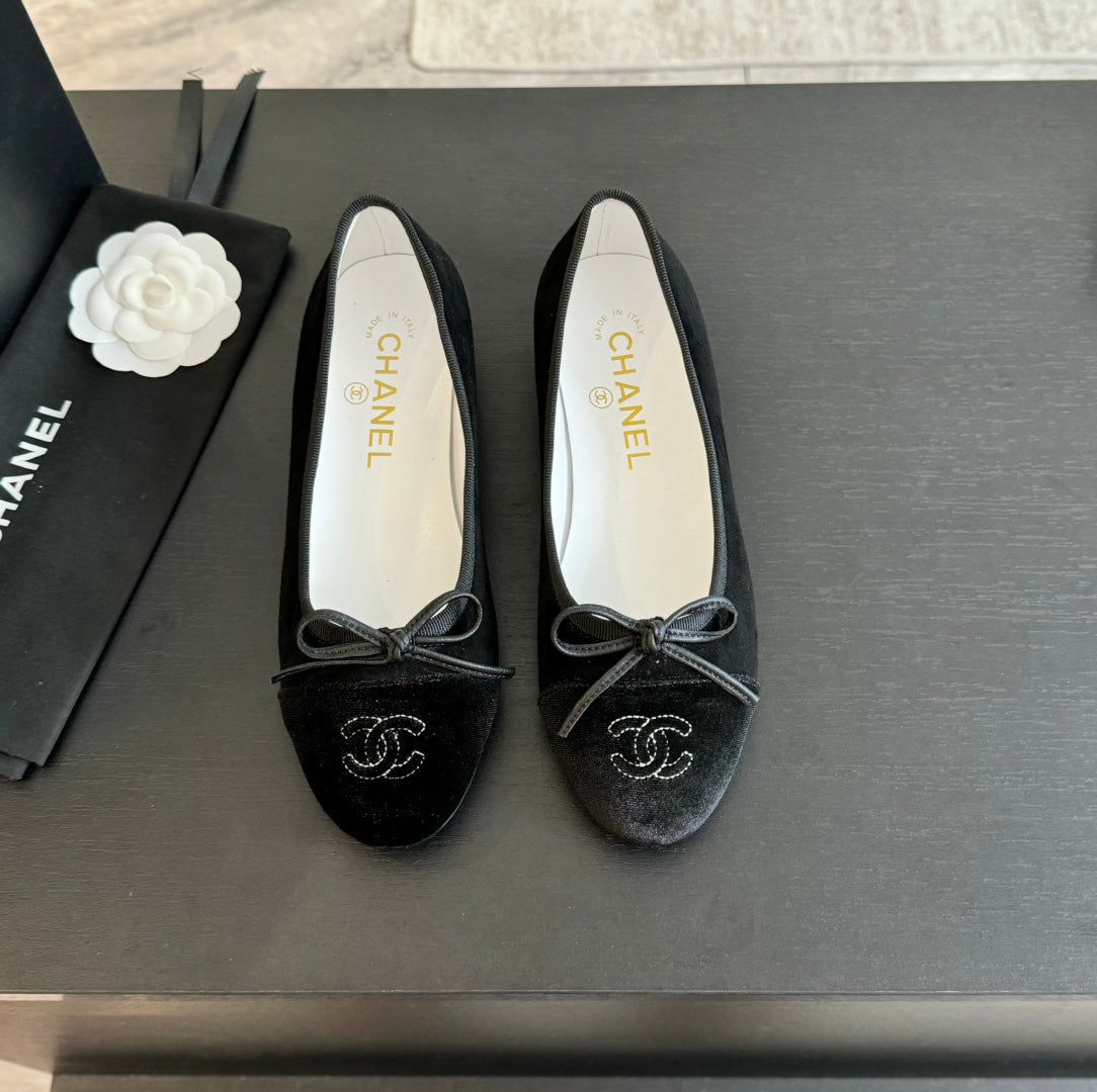 CHANEL ballet flat all black suede calfskin
