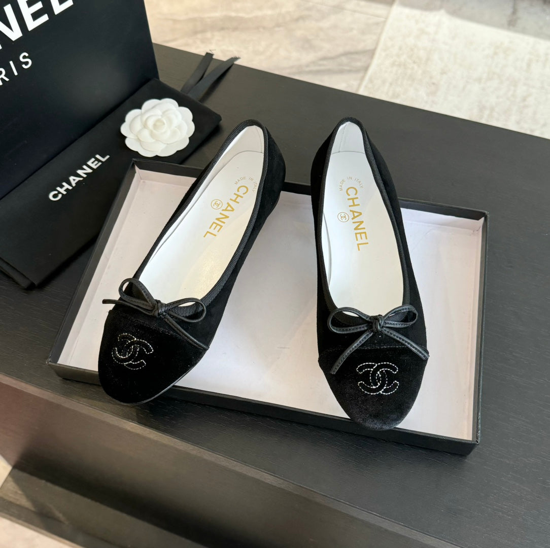CHANEL ballet flat all black suede calfskin