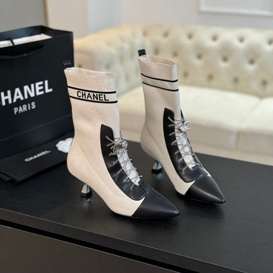 CHANEL Ankle Boots White Black Chain Wool And Lambskin