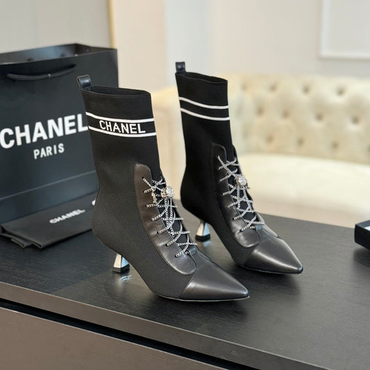 CHANEL Ankle Boots Black Chain Wool And Lambskin