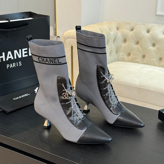 CHANEL Ankle Boots Grey Black Chain Wool And Lambskin