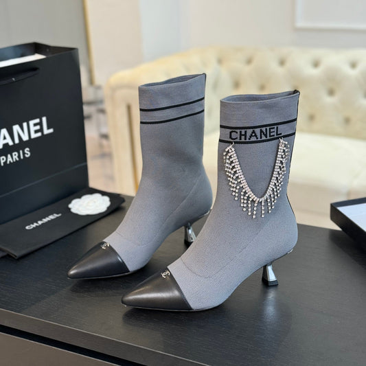 CHANEL Ankle Boots Grey Wool And Lambskin