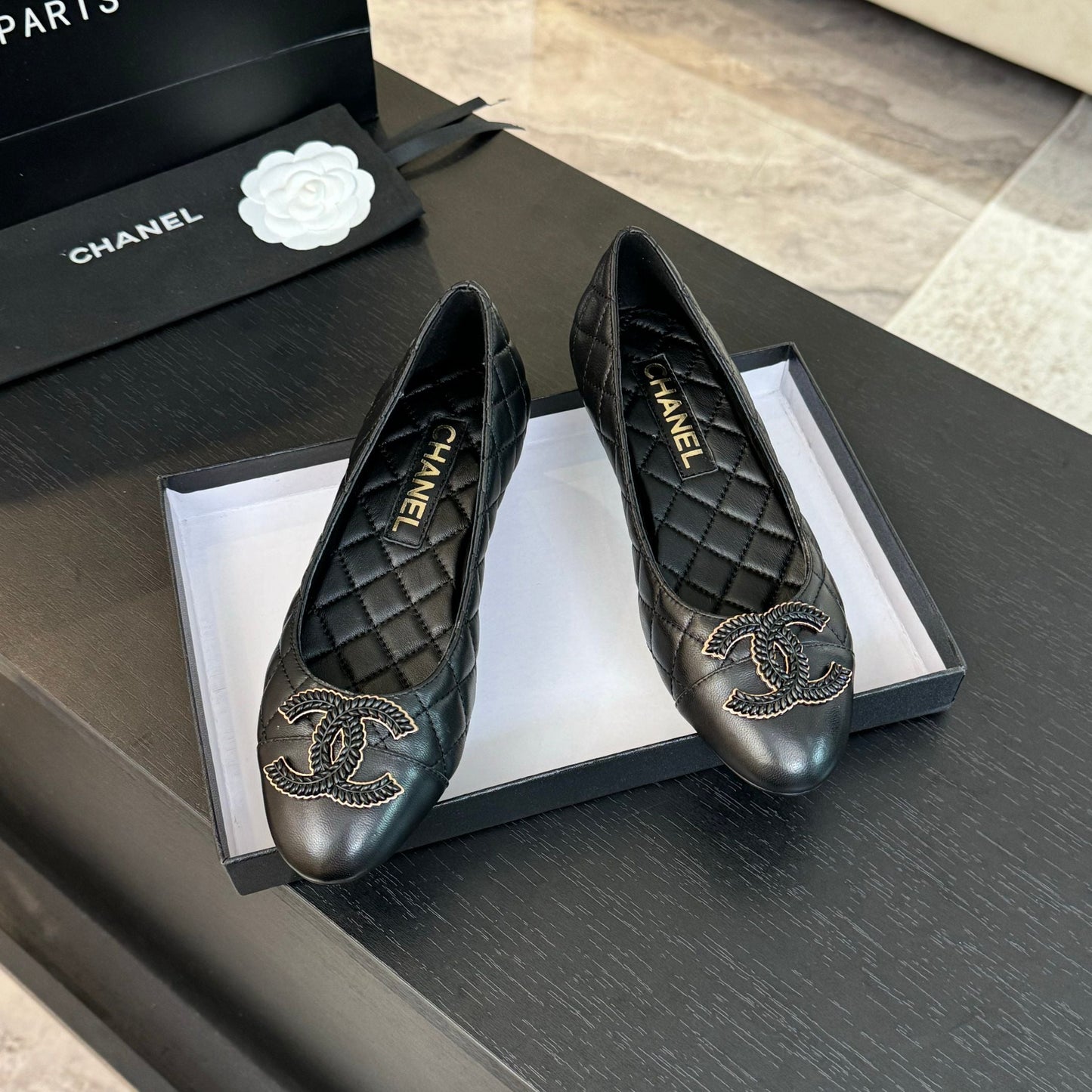 CHANEL ballet flat black quilted lambskin large black logo