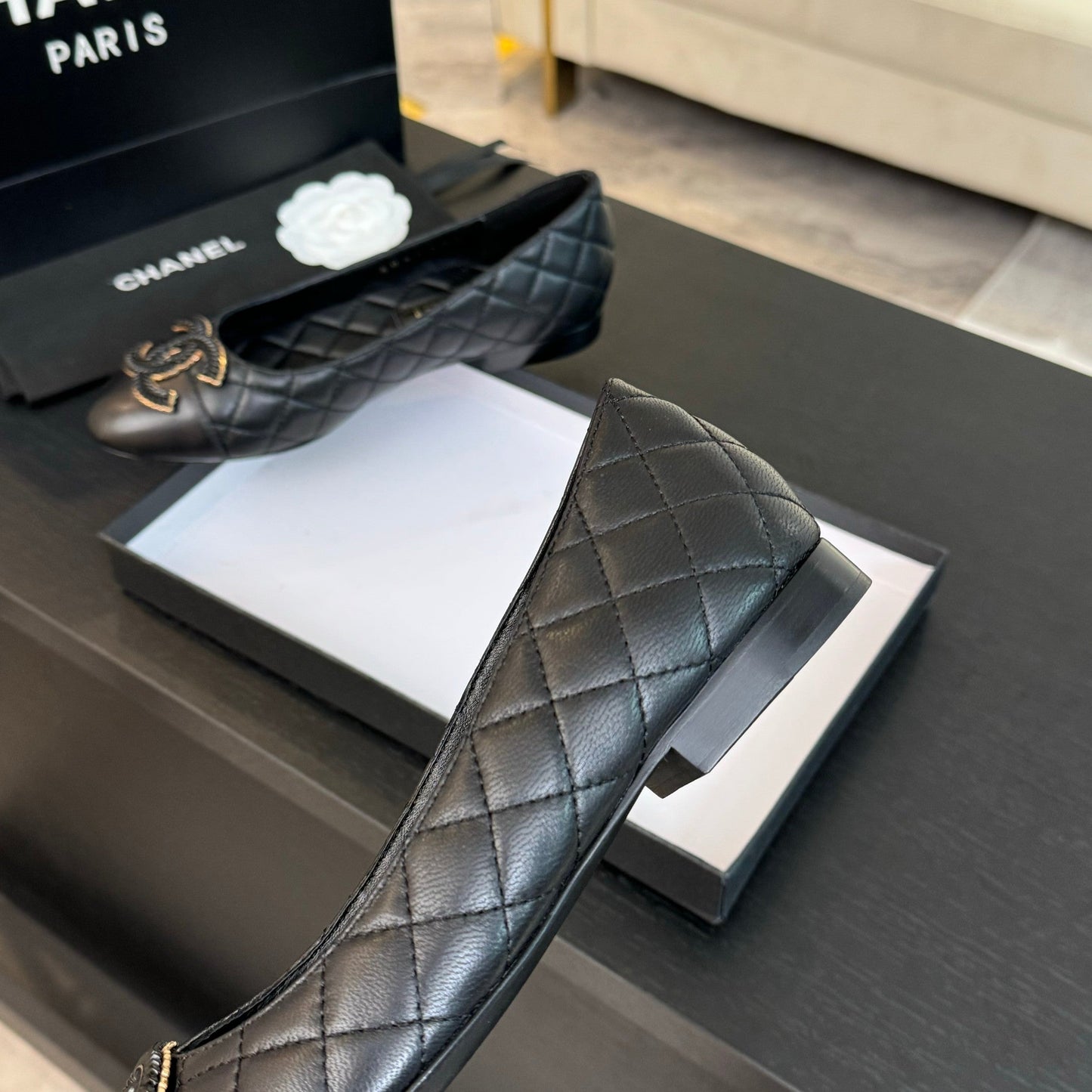 CHANEL ballet flat black quilted lambskin large black logo
