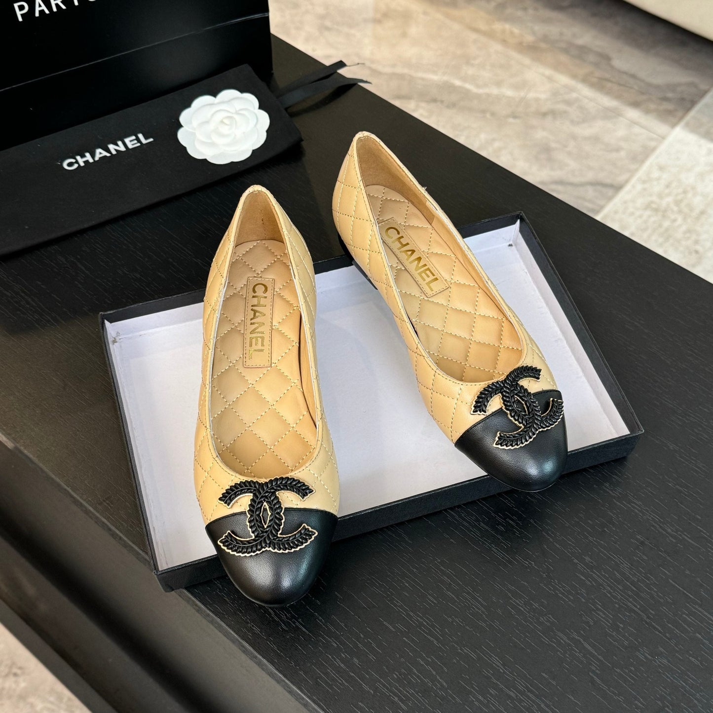 CHANEL ballet flat beige quilted lambskin large black logo