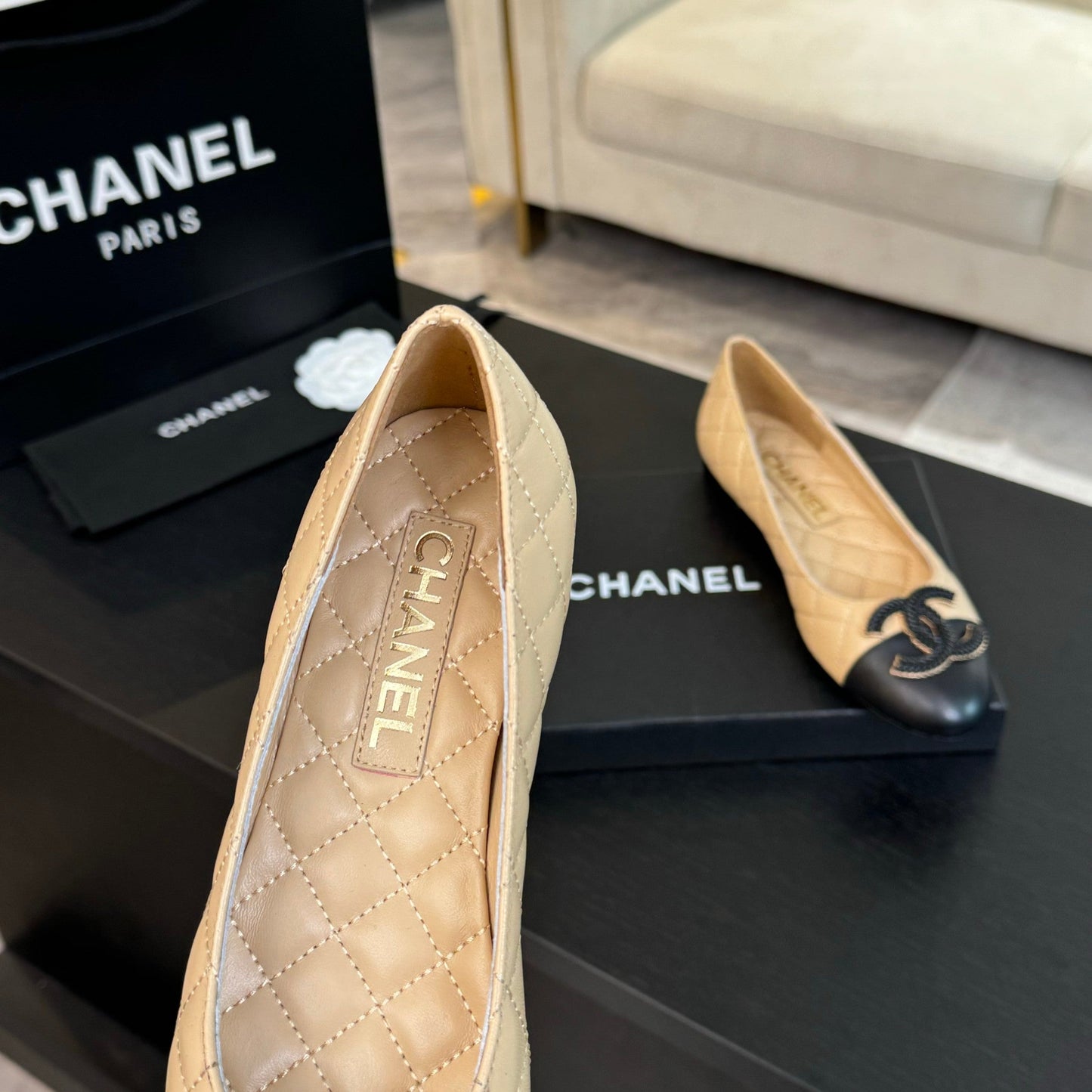 CHANEL ballet flat beige quilted lambskin large black logo