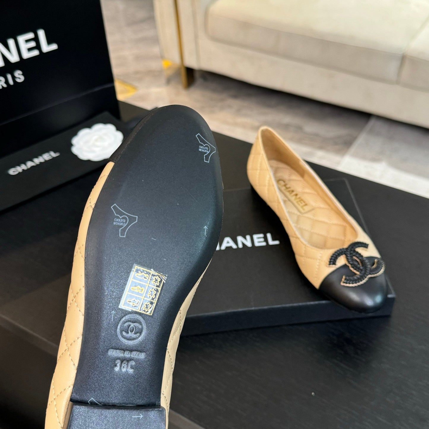 CHANEL ballet flat beige quilted lambskin large black logo