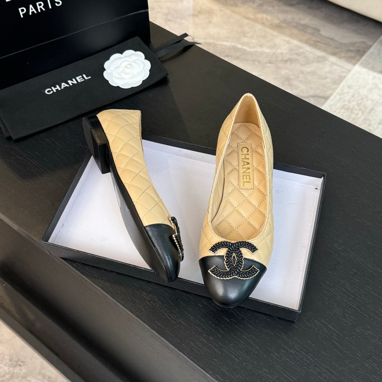 CHANEL ballet flat beige quilted lambskin large black logo
