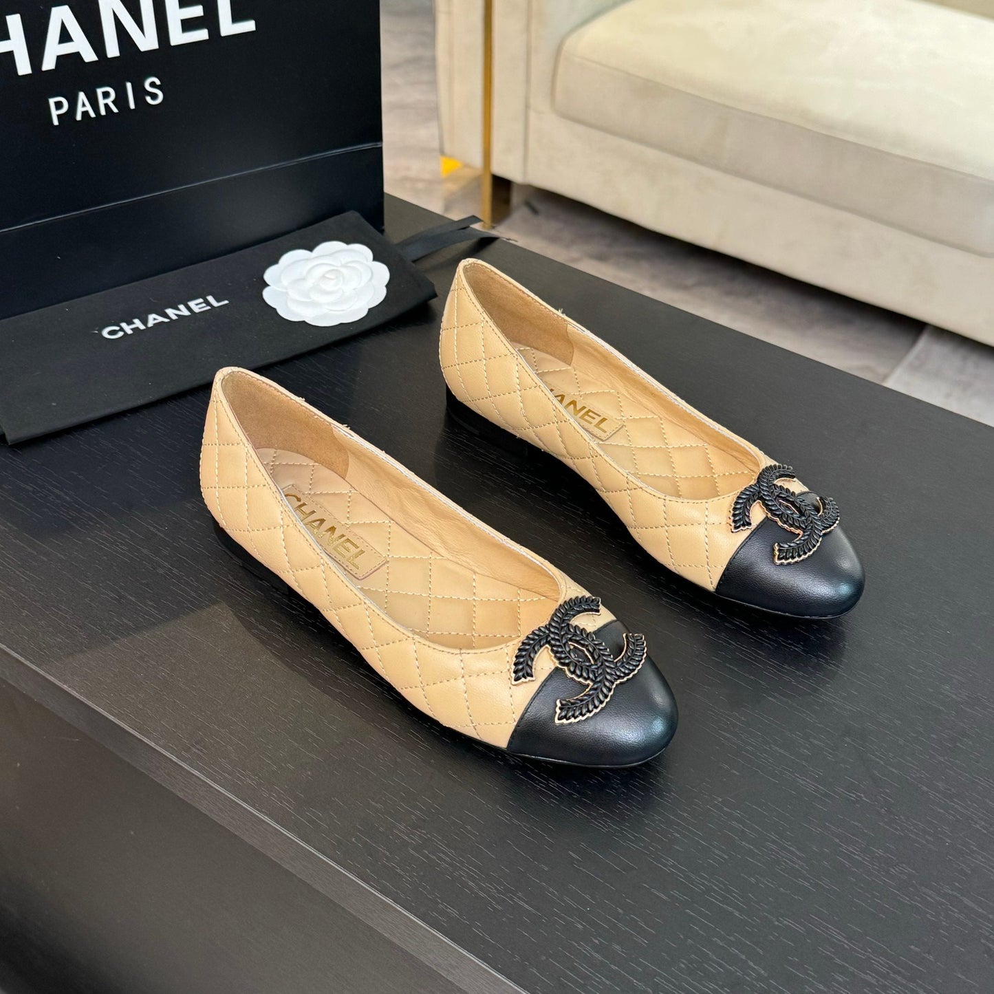 CHANEL ballet flat beige quilted lambskin large black logo