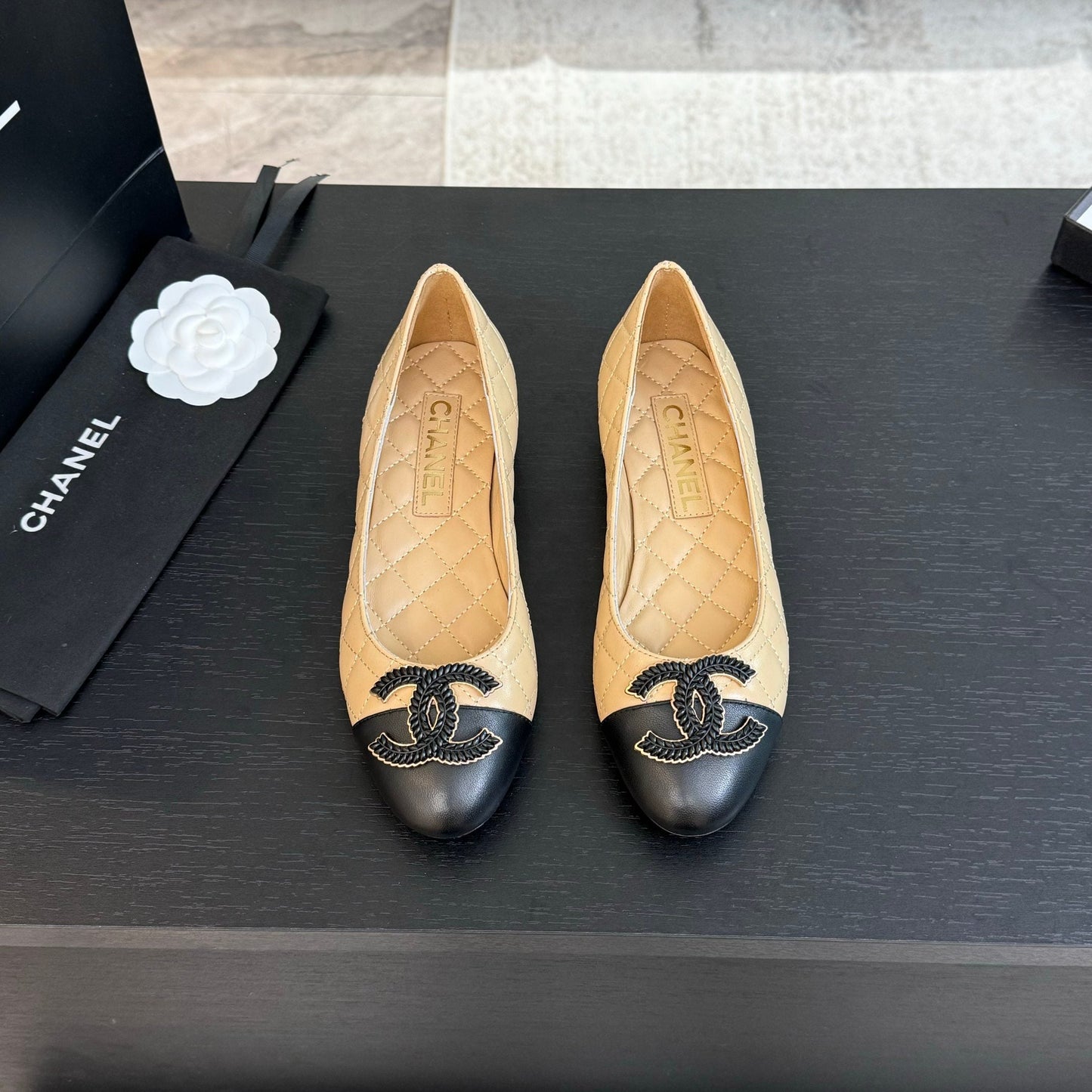 CHANEL ballet flat beige quilted lambskin large black logo