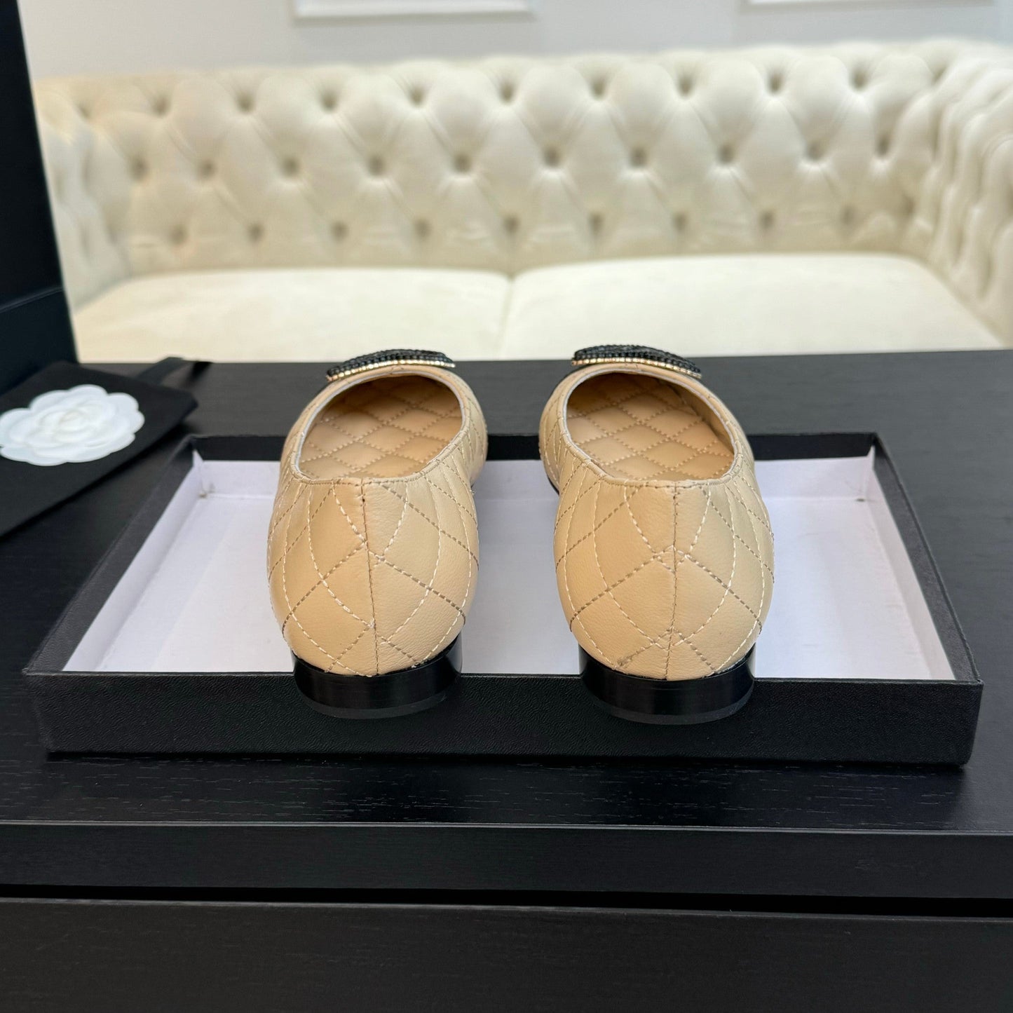 CHANEL ballet flat beige quilted lambskin large black logo