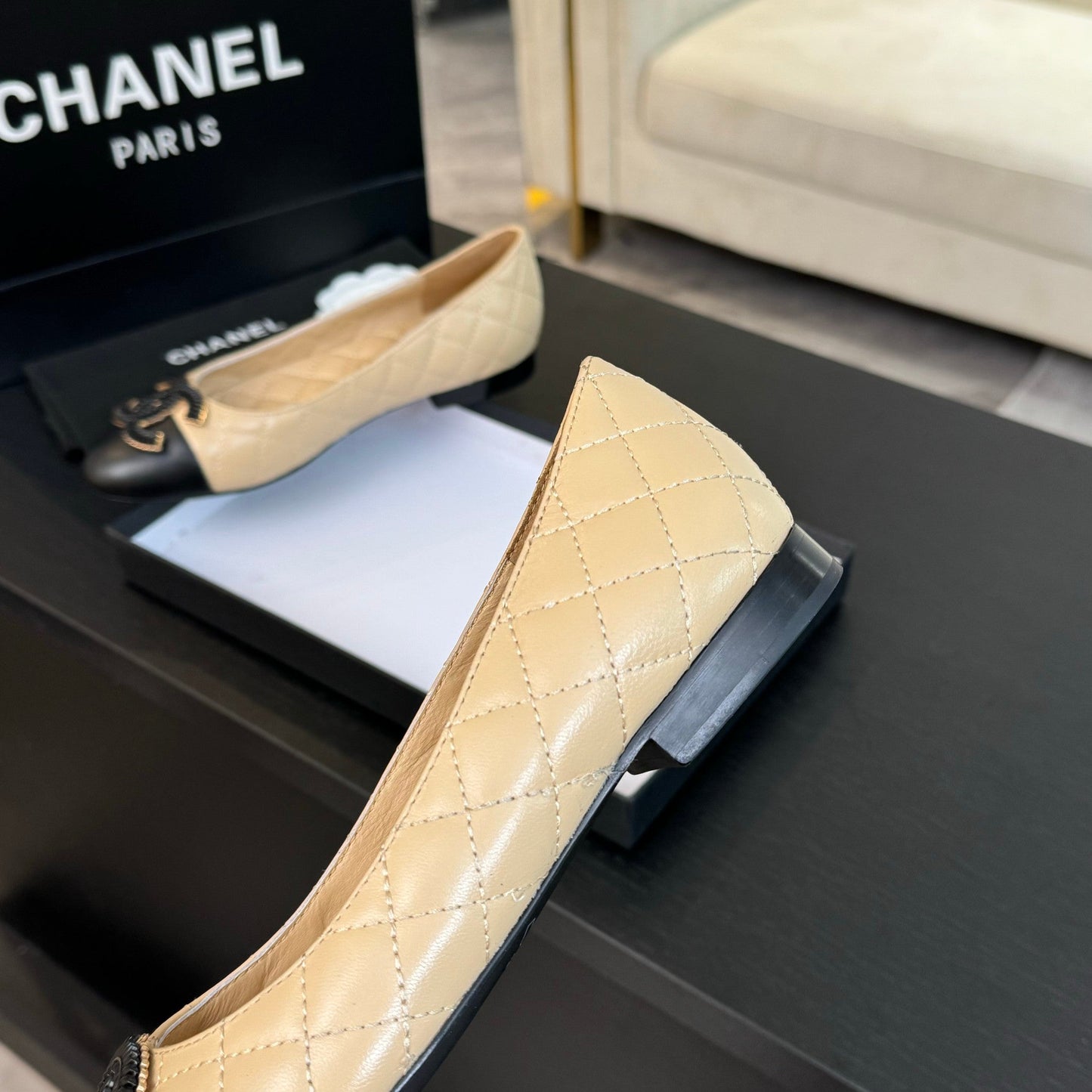 CHANEL ballet flat beige quilted lambskin large black logo