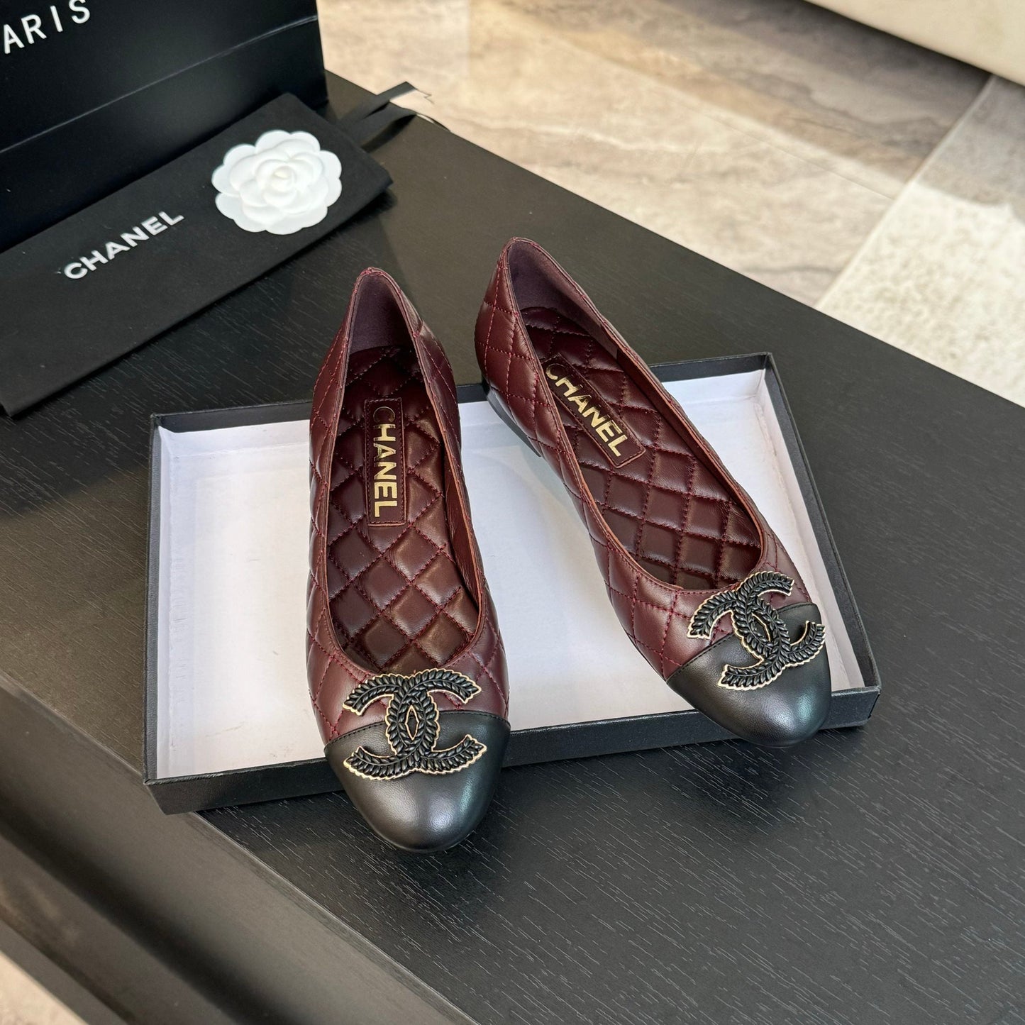 CHANEL ballet flat burgundy quilted lambskin large black logo