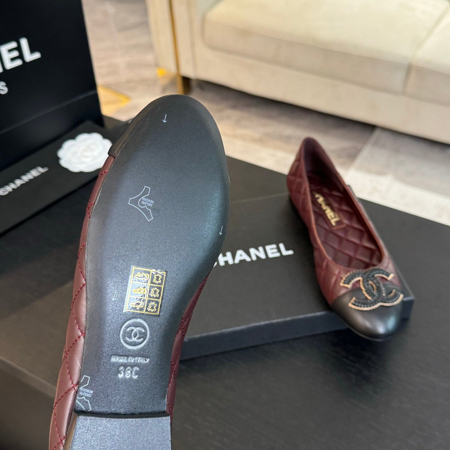 CHANEL ballet flat burgundy quilted lambskin large black logo