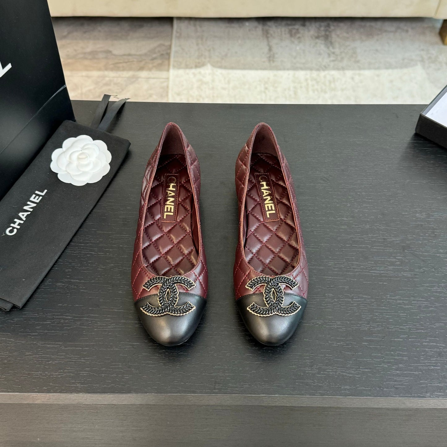 CHANEL ballet flat burgundy quilted lambskin large black logo