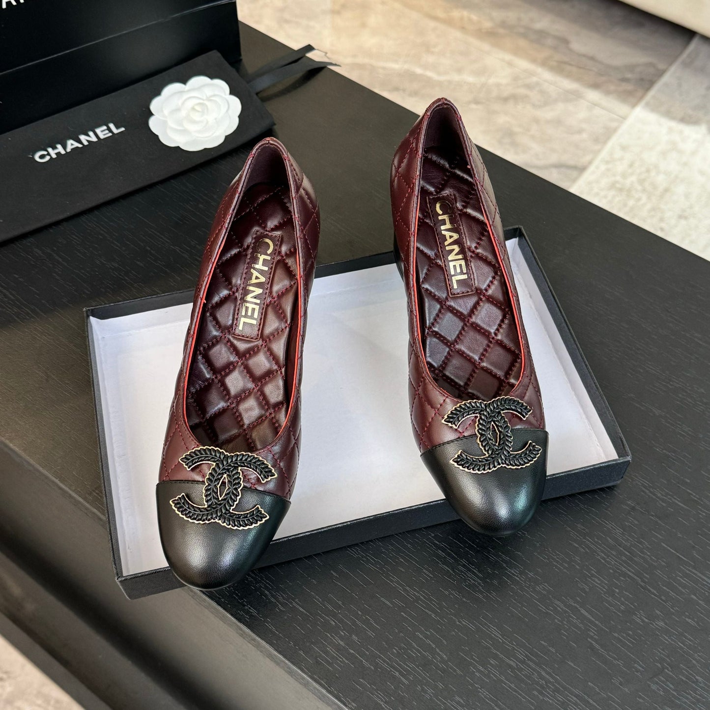 CHANEL ballet flat with high heel 7cm burgundy black quilted lambskin