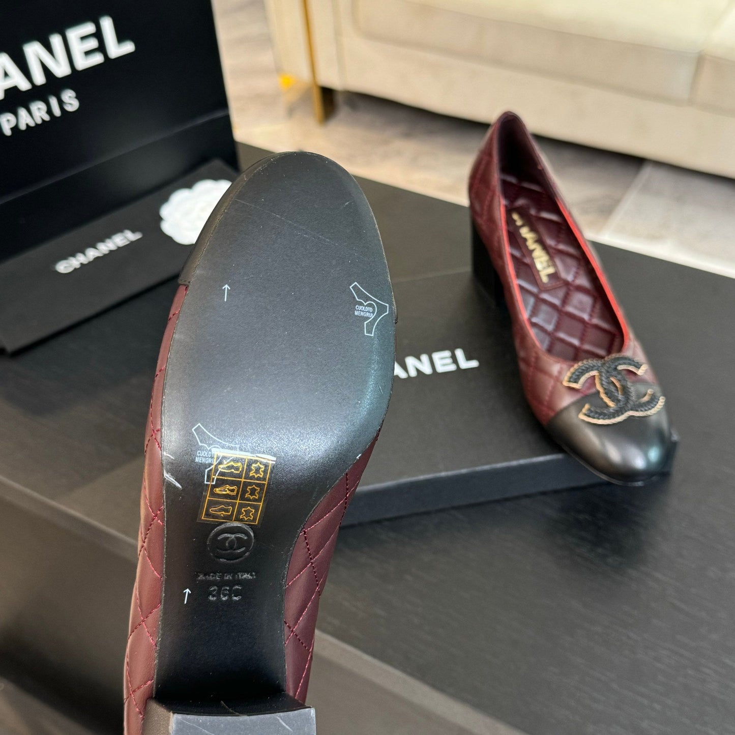 CHANEL ballet flat with high heel 7cm burgundy black quilted lambskin