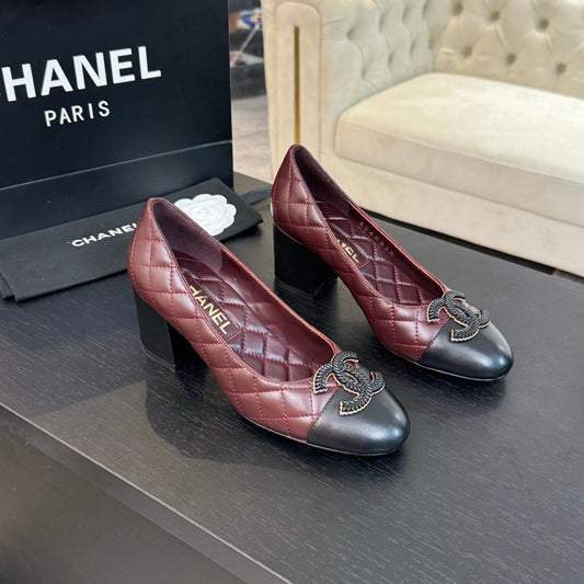 CHANEL ballet flat with high heel 7cm burgundy black quilted lambskin