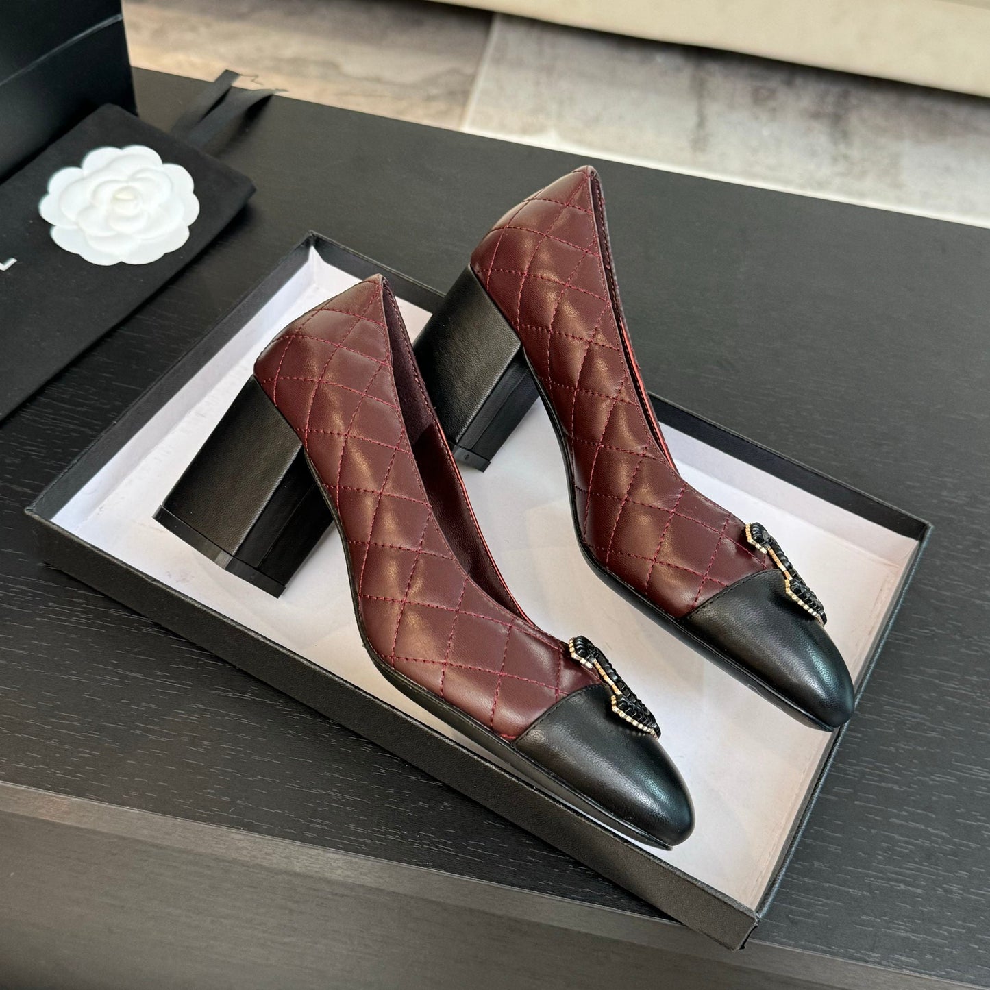 CHANEL ballet flat with high heel 7cm burgundy black quilted lambskin