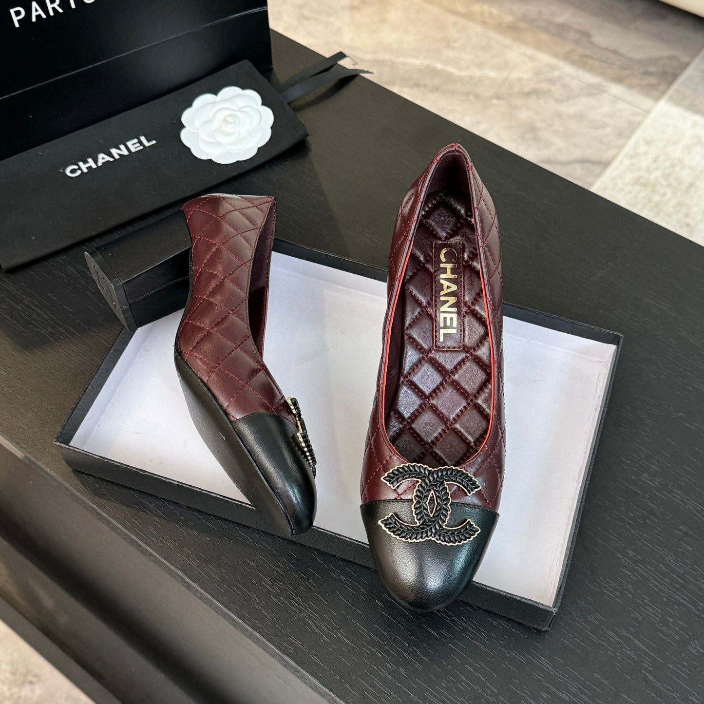 CHANEL ballet flat with high heel 7cm burgundy black quilted lambskin