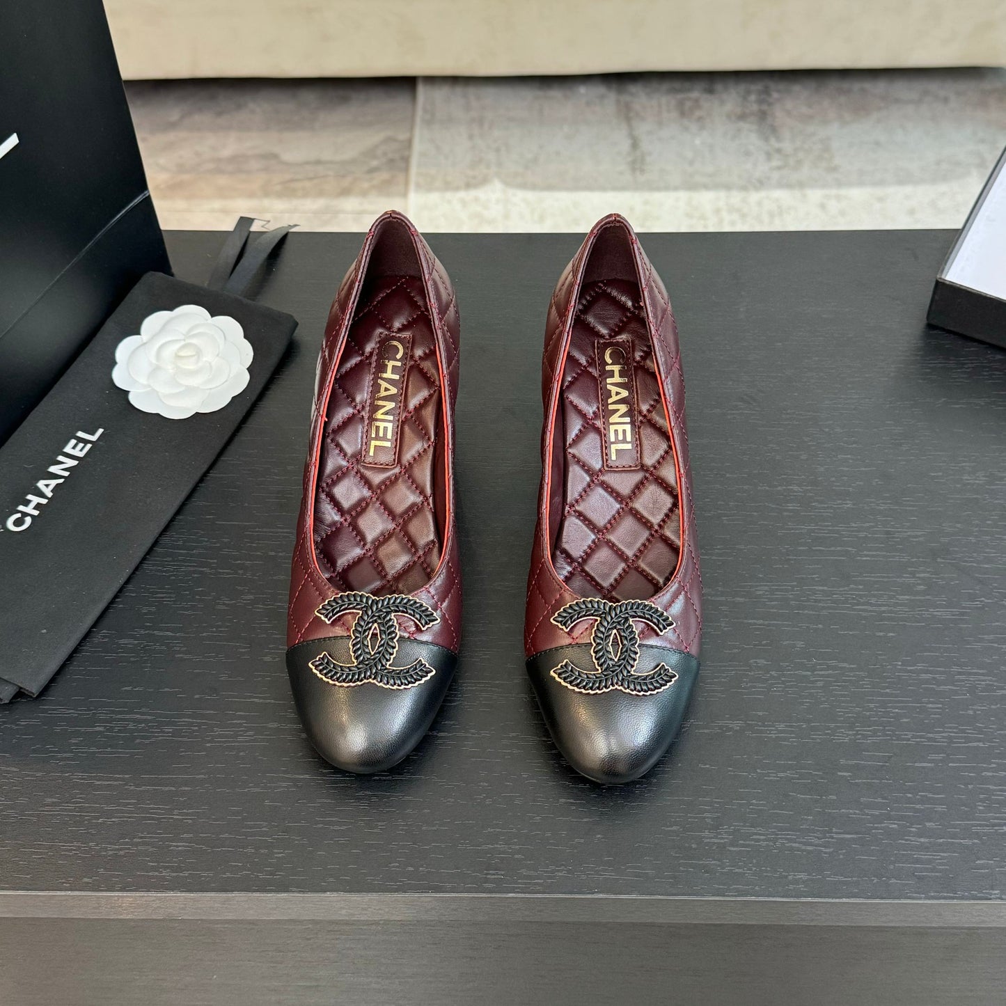 CHANEL ballet flat with high heel 7cm burgundy black quilted lambskin