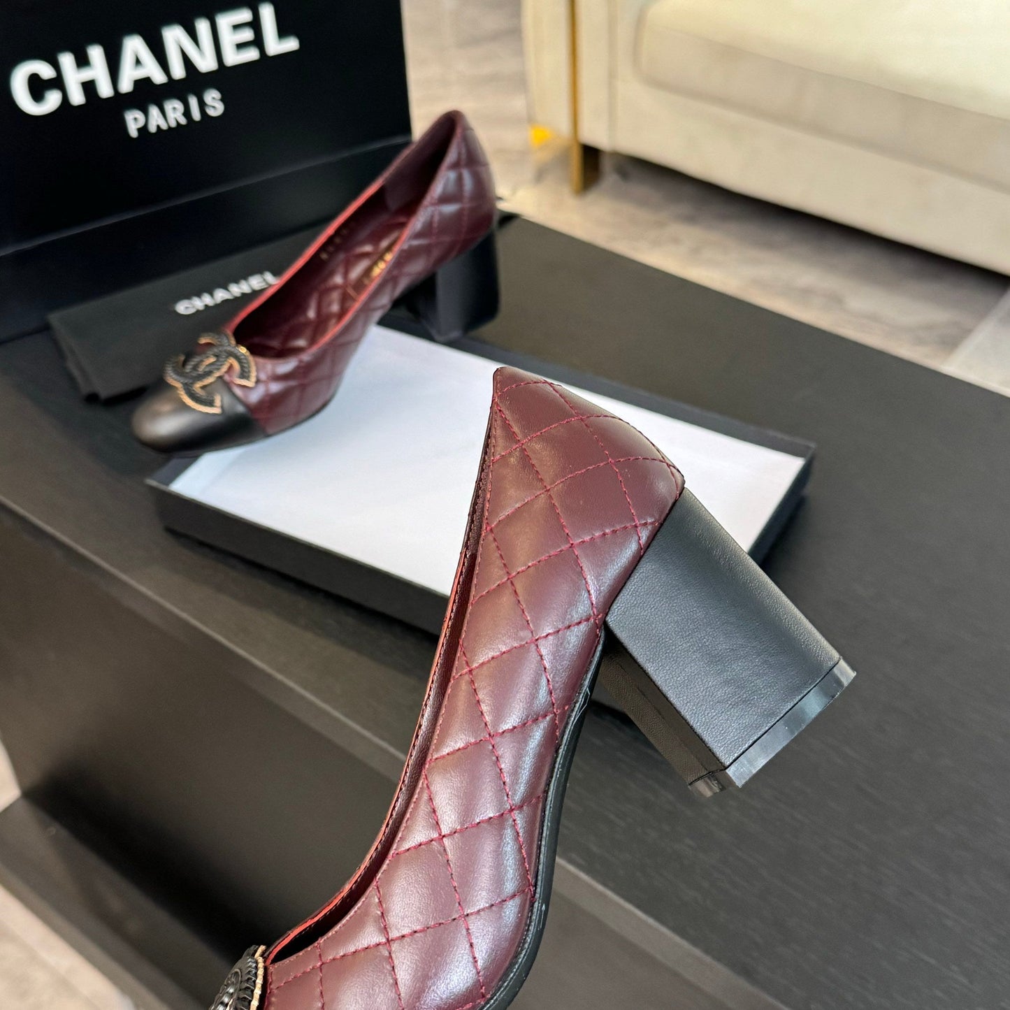 CHANEL ballet flat with high heel 7cm burgundy black quilted lambskin