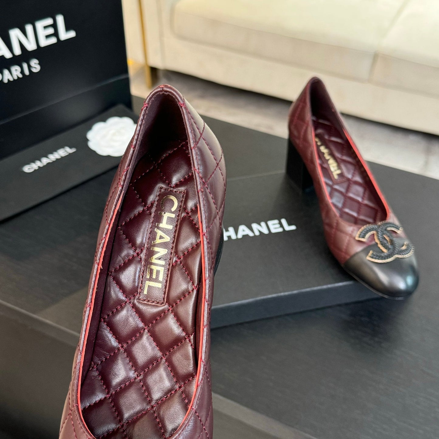 CHANEL ballet flat with high heel 7cm burgundy black quilted lambskin