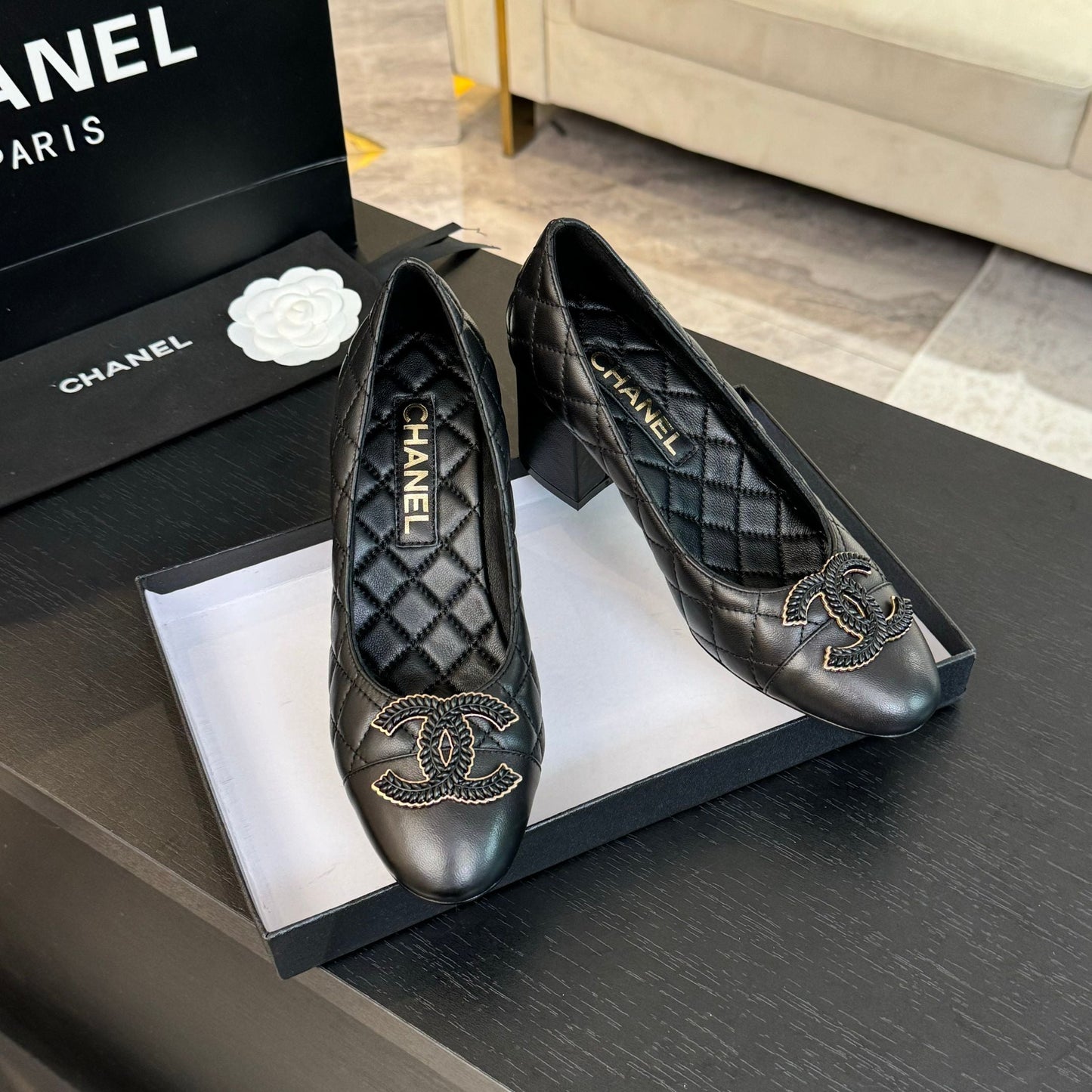 CHANEL ballet flat with high heel 7cm black quilted lambskin