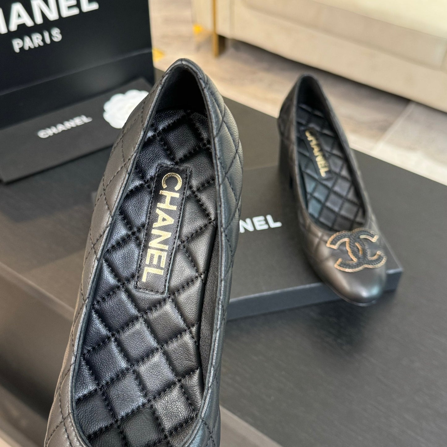 CHANEL ballet flat with high heel 7cm black quilted lambskin