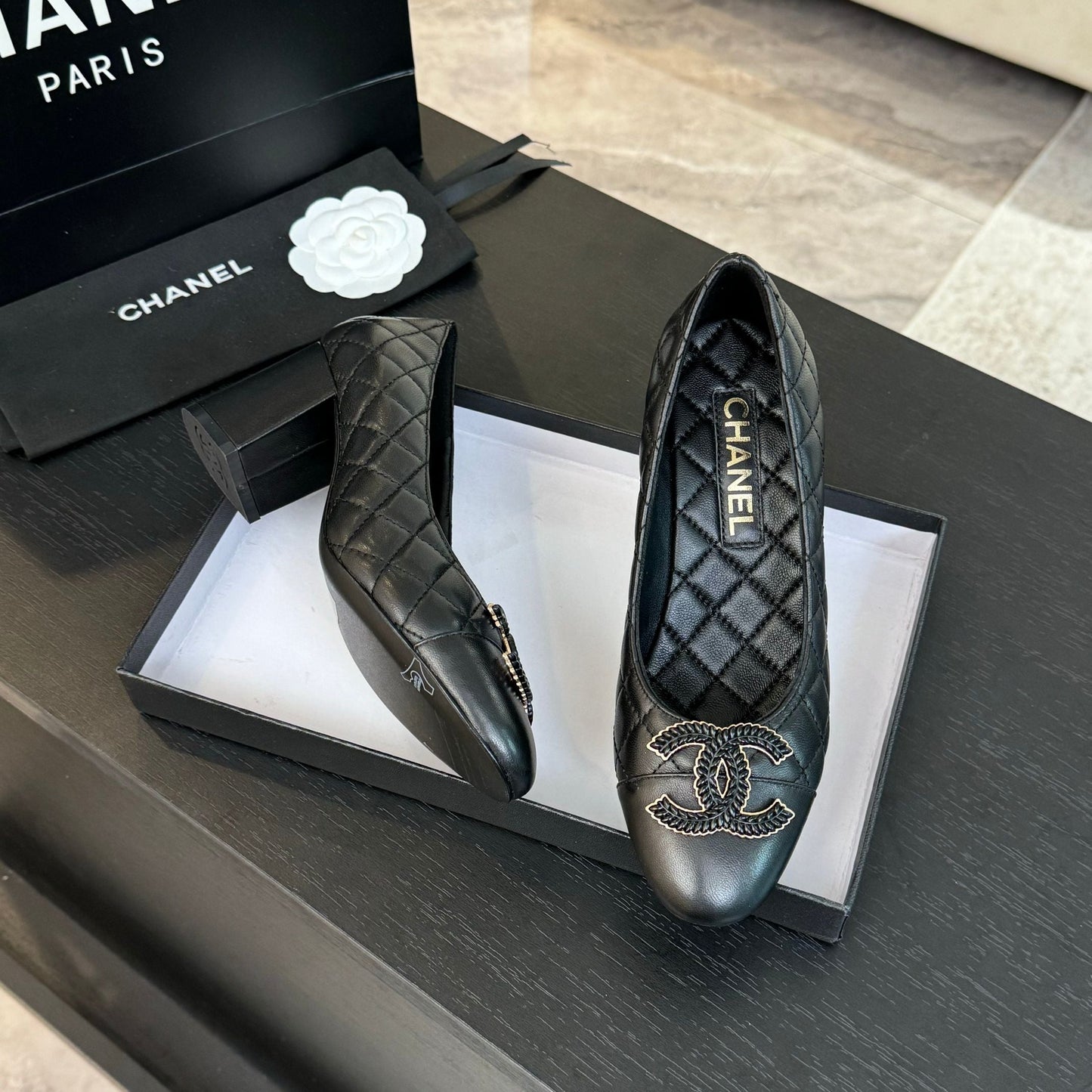 CHANEL ballet flat with high heel 7cm black quilted lambskin