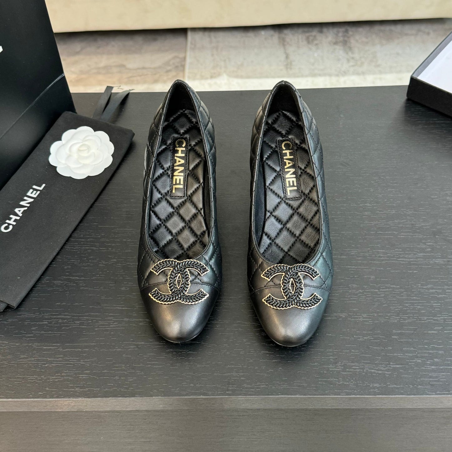 CHANEL ballet flat with high heel 7cm black quilted lambskin