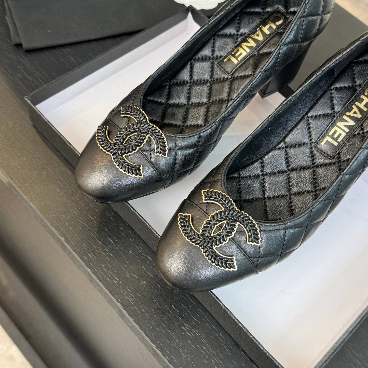 CHANEL ballet flat with high heel 7cm black quilted lambskin