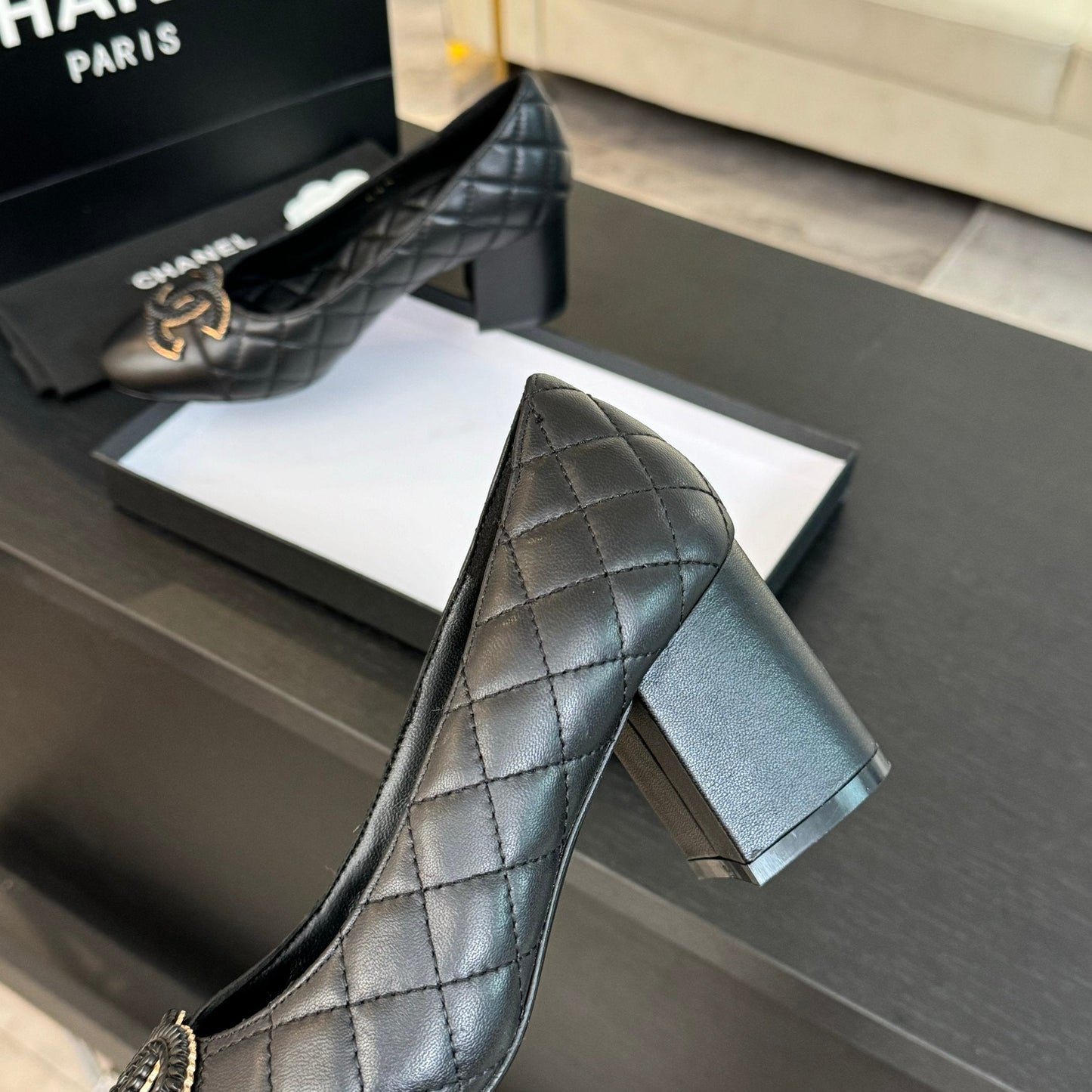 CHANEL ballet flat with high heel 7cm black quilted lambskin