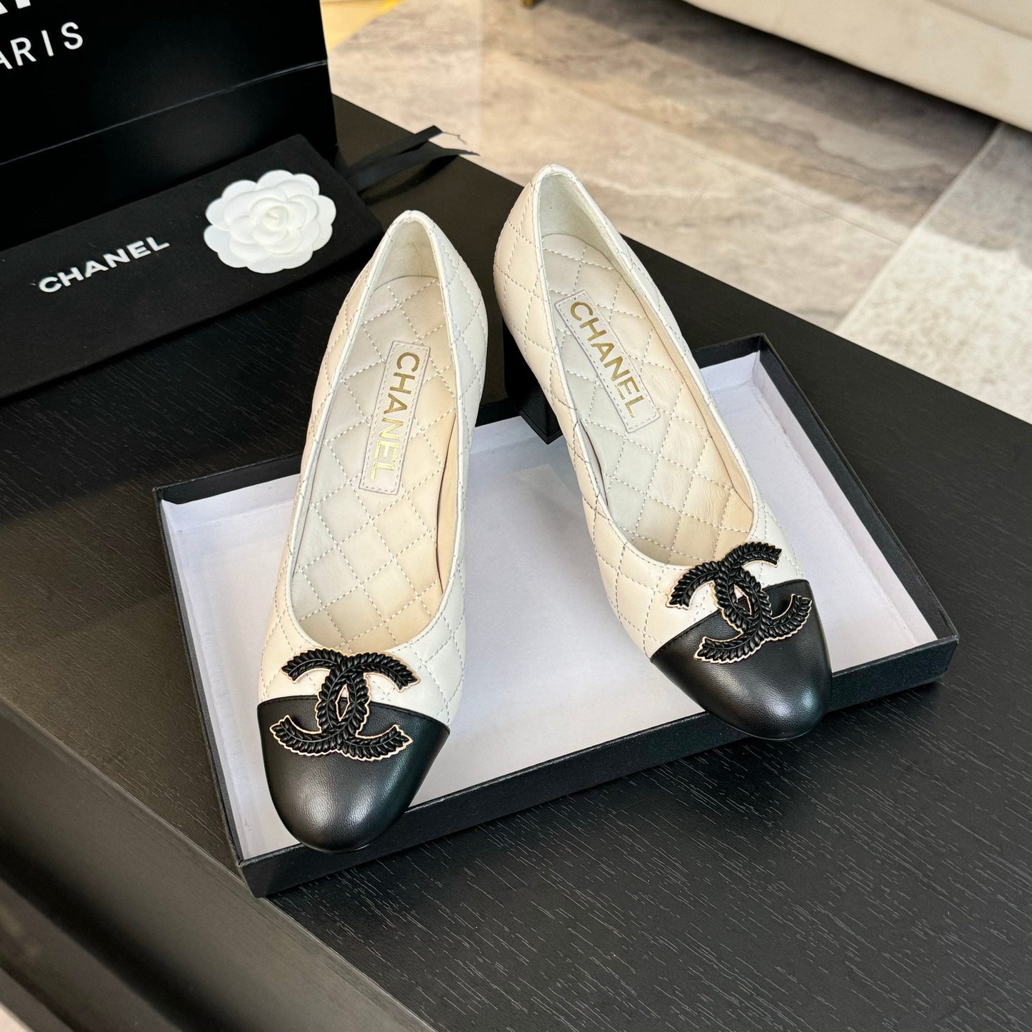 CHANEL ballet flat with high heel 7cm white black quilted lambskin