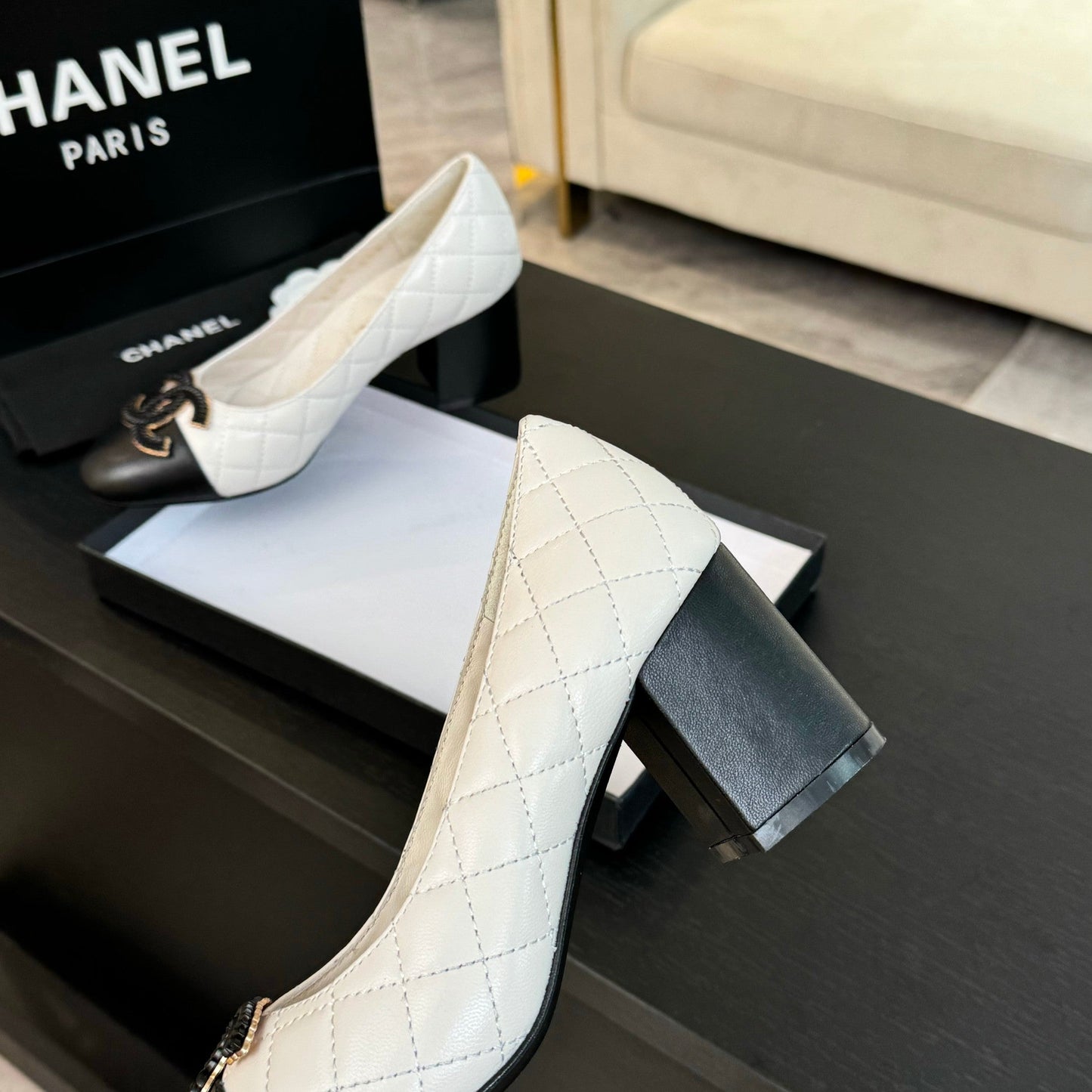 CHANEL ballet flat with high heel 7cm white black quilted lambskin