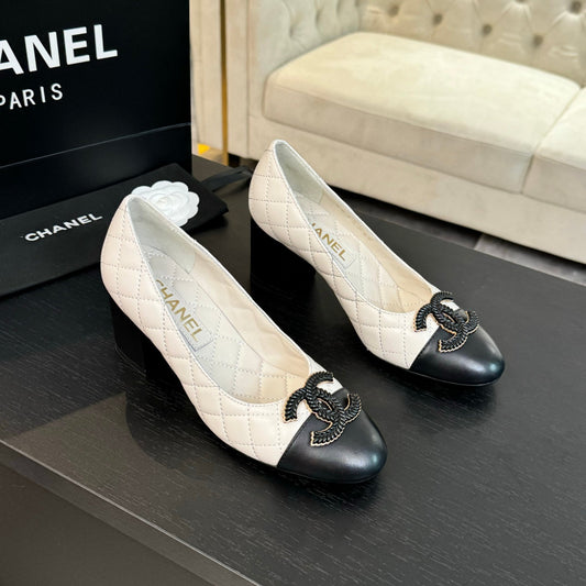 CHANEL ballet flat with high heel 7cm white black quilted lambskin