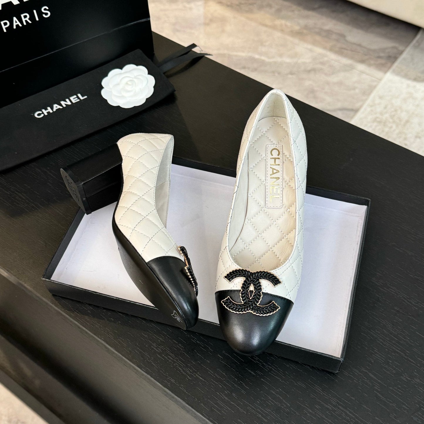 CHANEL ballet flat with high heel 7cm white black quilted lambskin