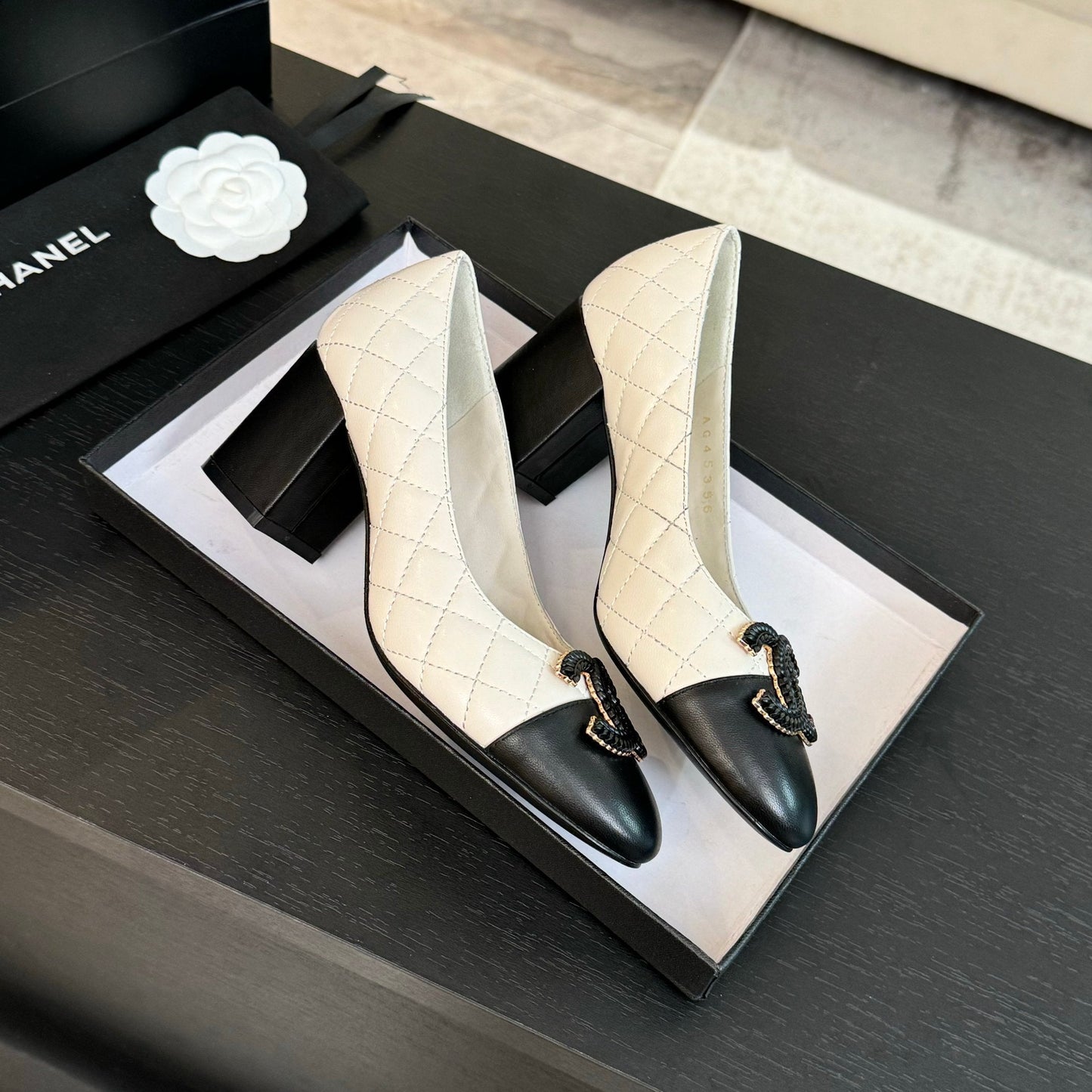CHANEL ballet flat with high heel 7cm white black quilted lambskin