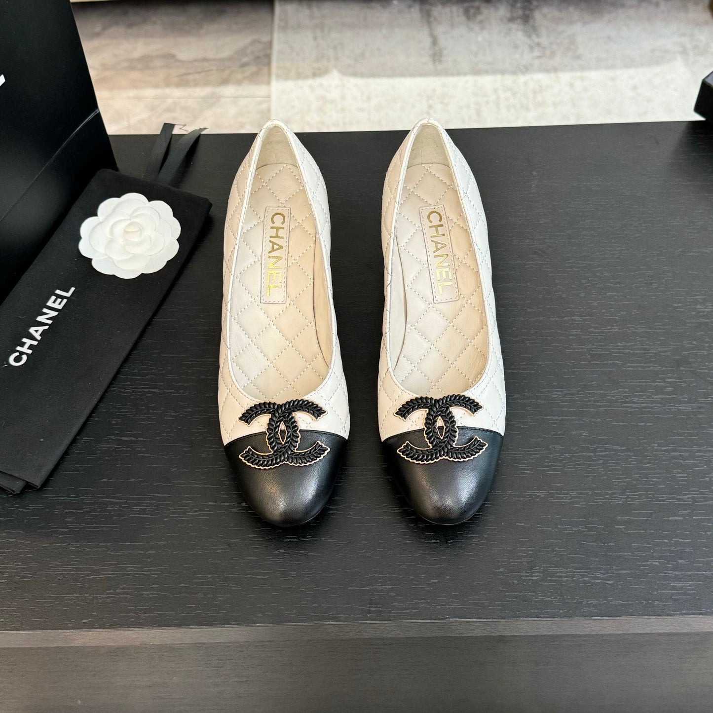 CHANEL ballet flat with high heel 7cm white black quilted lambskin