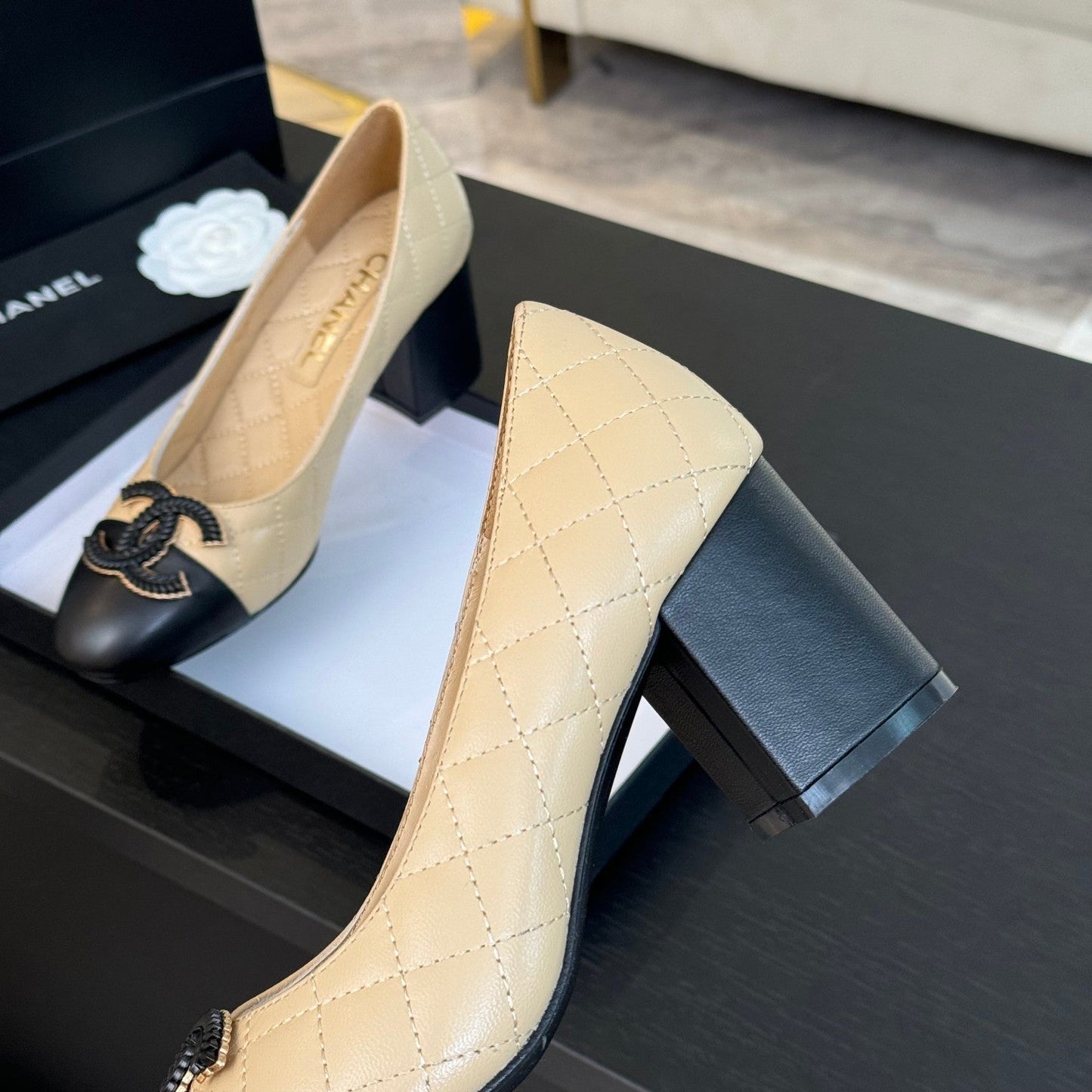 CHANEL ballet flat with high heel 7cm beige black quilted lambskin