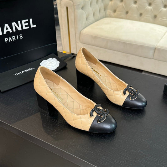 CHANEL ballet flat with high heel 7cm beige black quilted lambskin