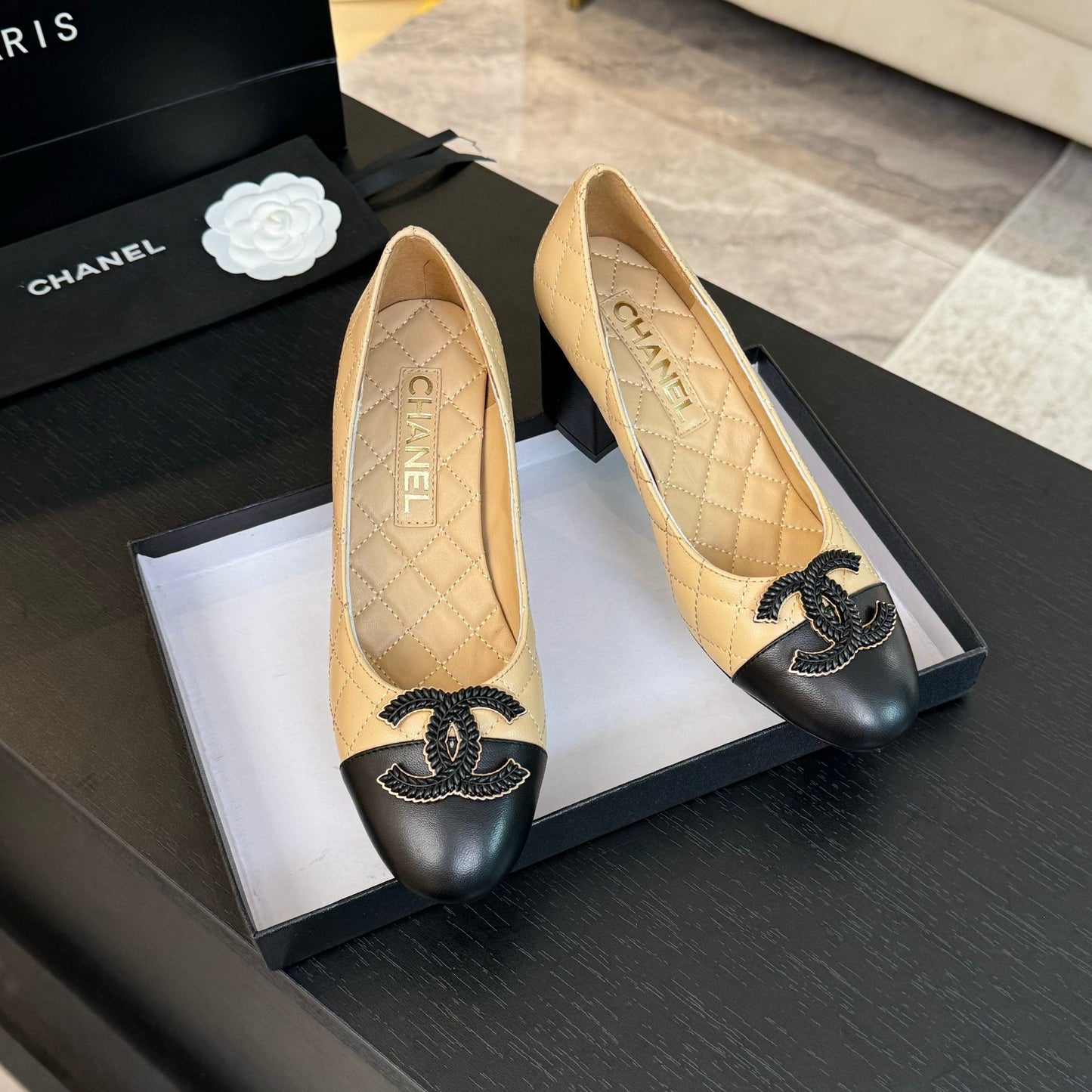 CHANEL ballet flat with high heel 7cm beige black quilted lambskin