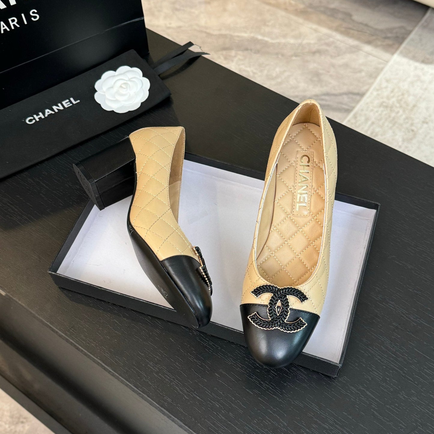 CHANEL ballet flat with high heel 7cm beige black quilted lambskin