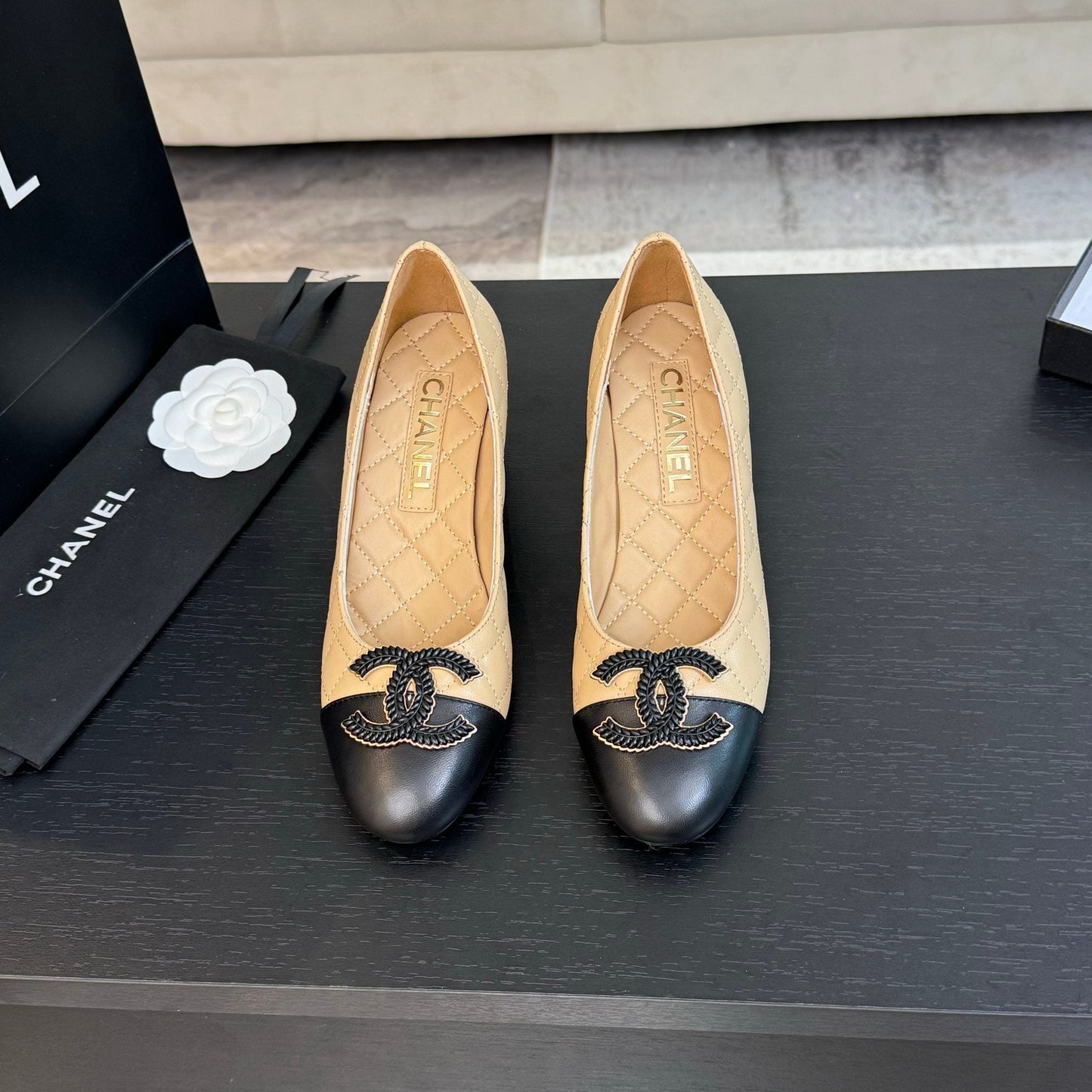 CHANEL ballet flat with high heel 7cm beige black quilted lambskin
