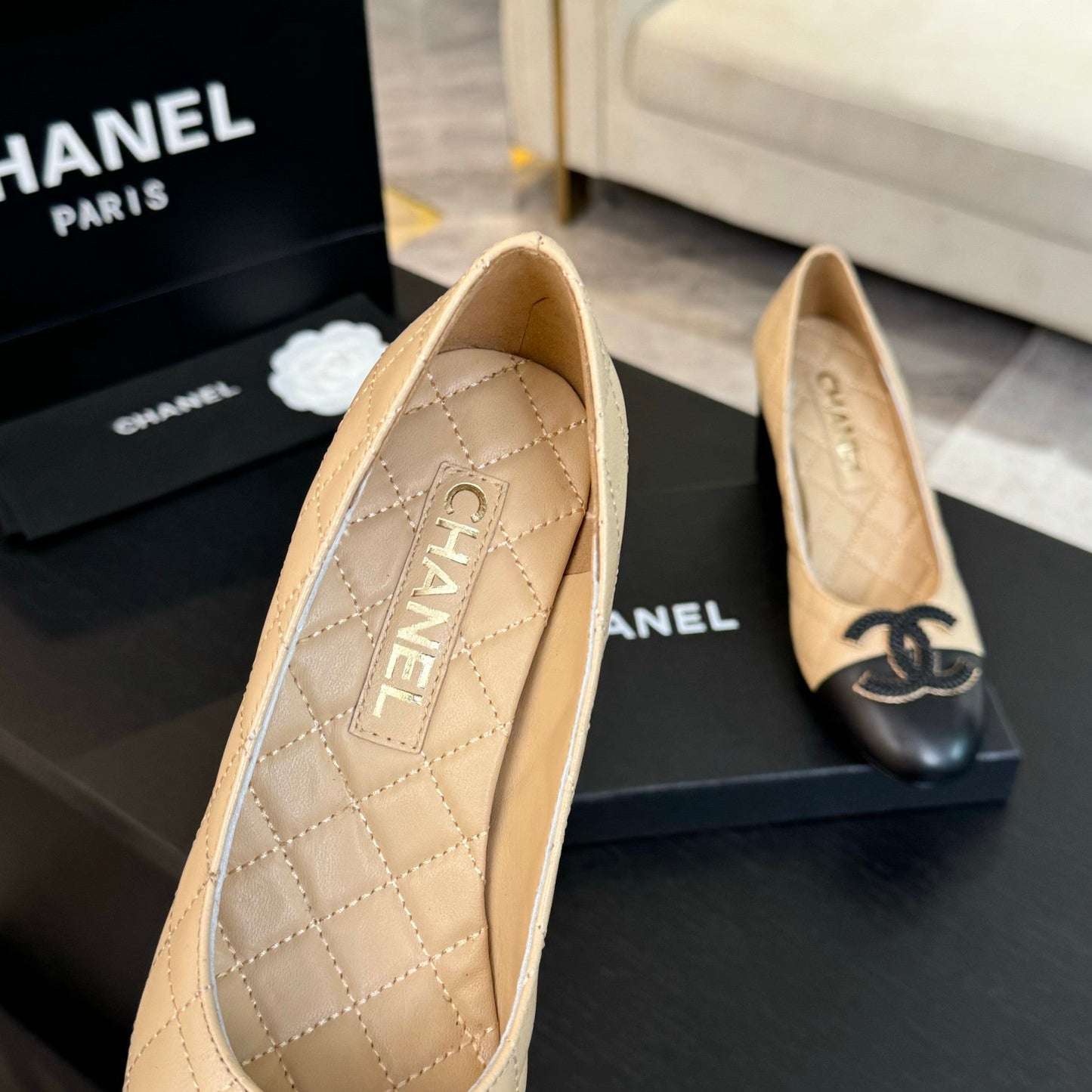 CHANEL ballet flat with high heel 7cm beige black quilted lambskin