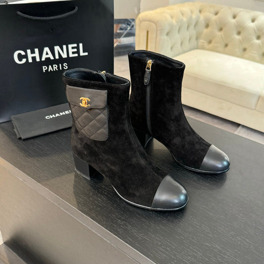 CHANEL Ankle Boots 50mm Black Suede And Lambskin