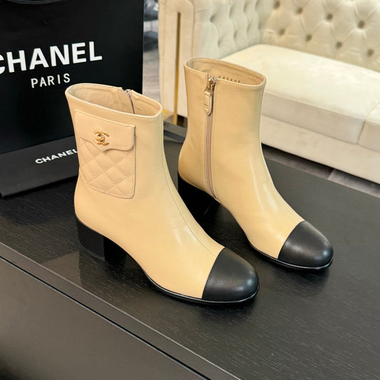 CHANEL Ankle Boots 50mm Beige Black Lambskin