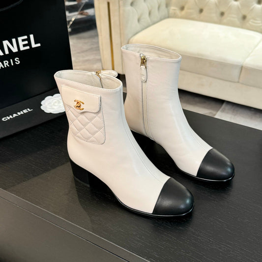 CHANEL Ankle Boots 50mm White Black Lambskin