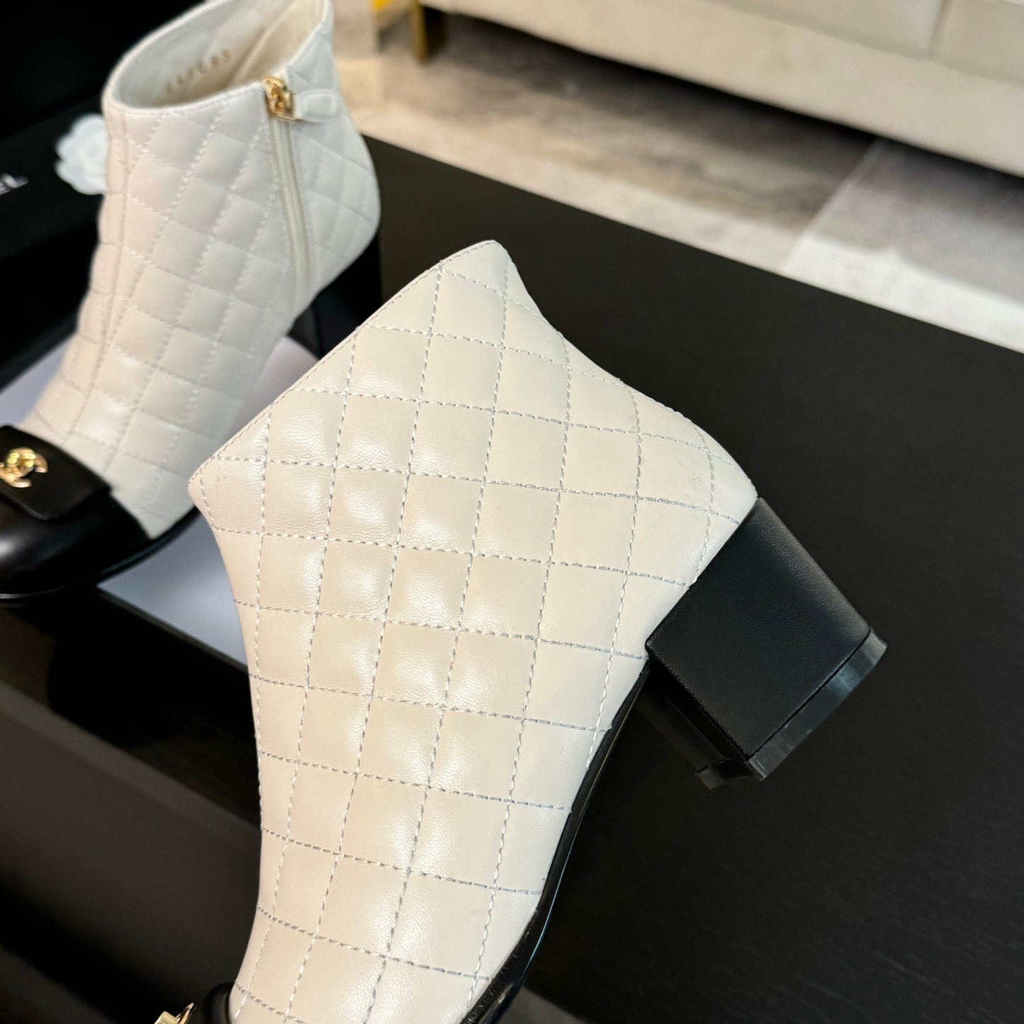 CHANEL Ankle Boots 50mm White Black Quilted Lambskin