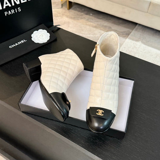 CHANEL Ankle Boots 50mm White Black Quilted Lambskin